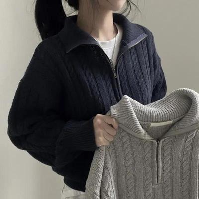 Jesień i Zima Gruby Sweter Dzianinowy z Pół-Zamkiem Błyskawicznym Kobiety Vintage Skręcany Dzianinowy Krótki Sweter Casual Mujer Długi Rękaw Top