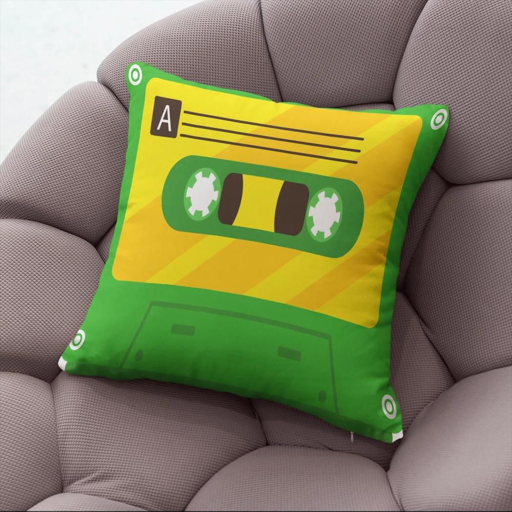 Fun Decorative Pillow Cover With Music Tape Print Cute Kawaii Camera Sofa Bedside Cushion Cover Short Plush Zipper Pillowcase