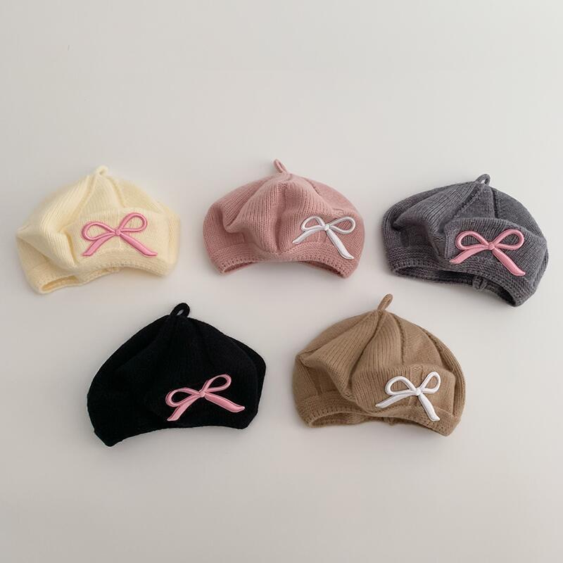 Girls Beret Embroidered Bow Baby Wool Knitted Hat Cute Children Winter Warm Baby Cap