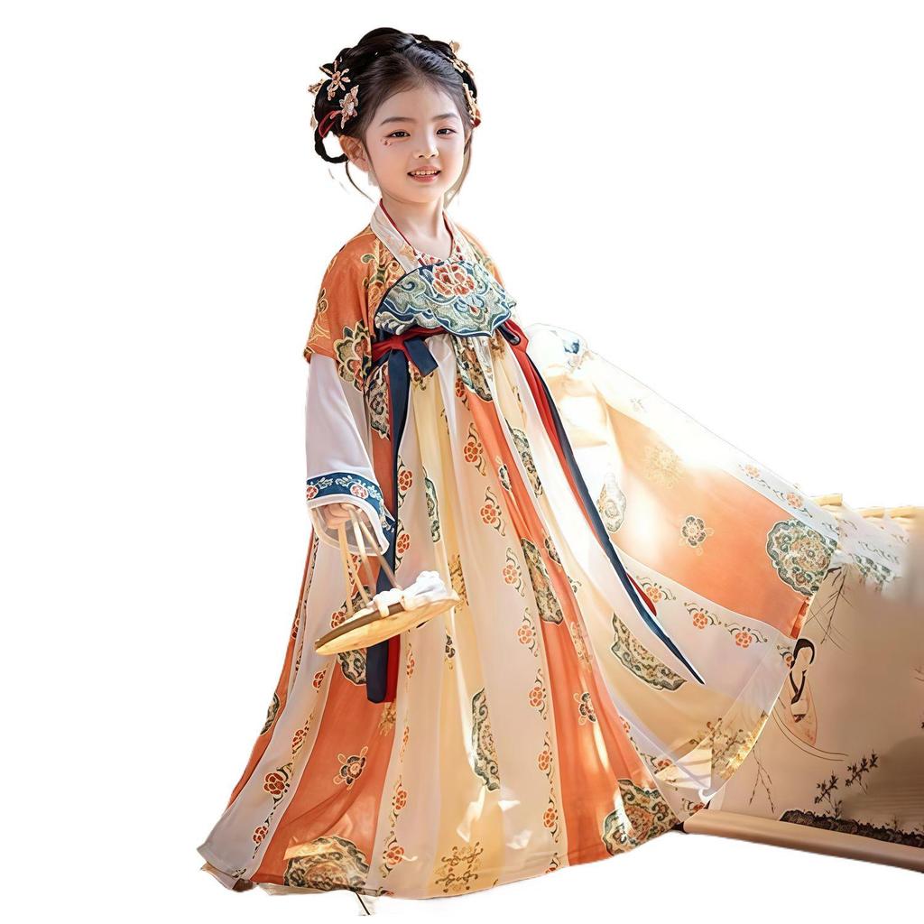 Robe Hanfu Fille Printemps/Été 2026: Robe de fée brodée style Dynastie Tang de Dunhuang pour enfants moyens/grands