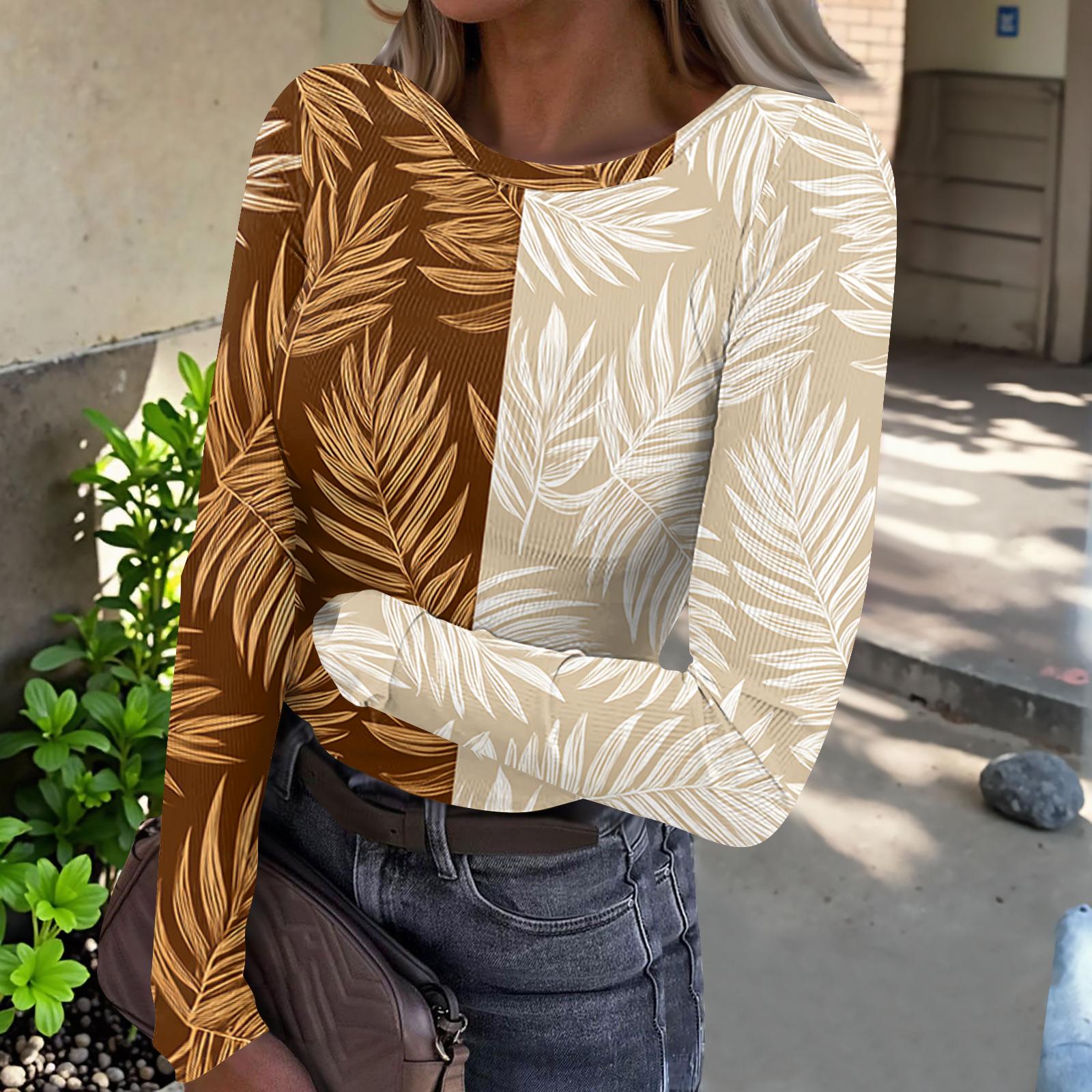 Women s Casual Fashion Round Neck Hawaiian Print Long Sleeve Ribbed Top XXL