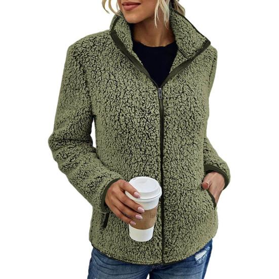 Stand Collar Long Sleeves Pockets Zipper Closure Fluffy Coat Women Autumn Winter