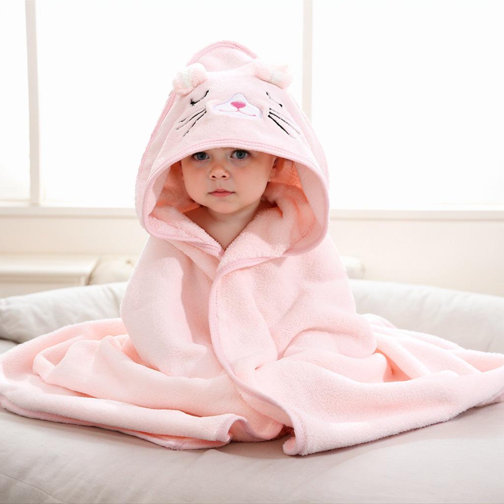 Cartoon Hooded Baby Swaddle & Bath Towel - Coral Fleece, Absorbent, Embroidered, Newborn To Toddler