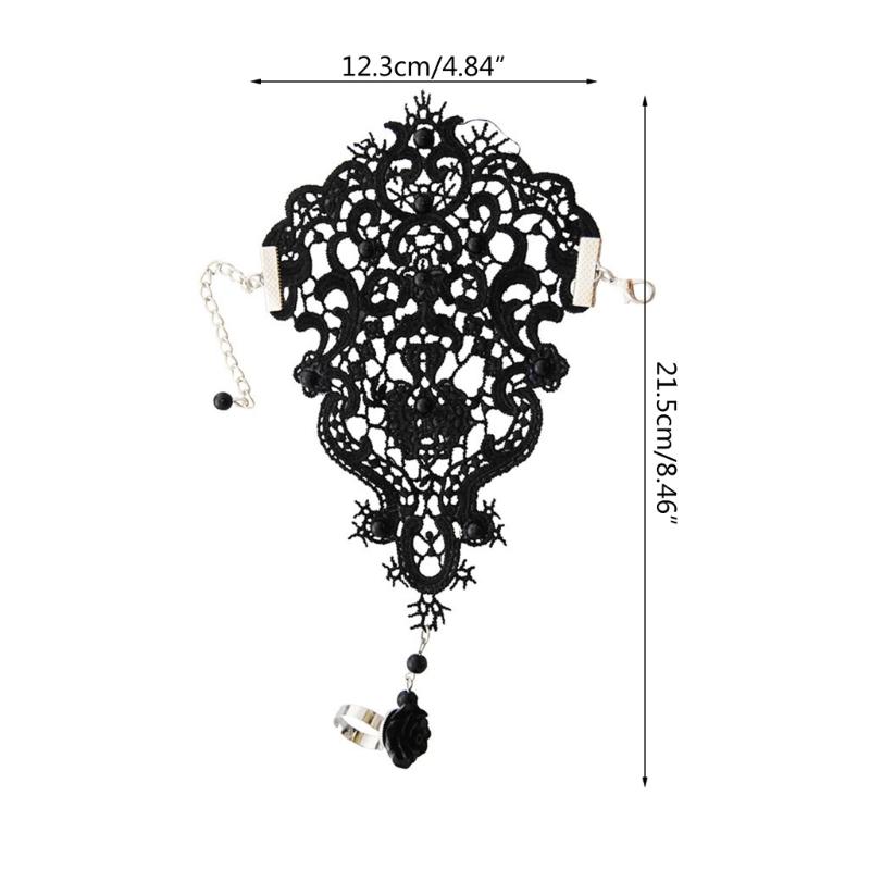 2colors Women Rose Beads Flower Lace Gloves Goth Style Adjustable with Ring Long Bracelet Wedding Bridal Accessories