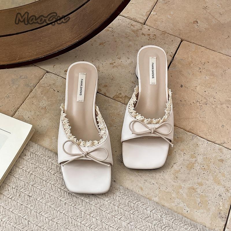 Fashion Women's Footwear Butterfly-knot Square Toe Women Slippers Elegant Thick Heel Slides Ladies Concise Beach Dress Sandalias Fashion