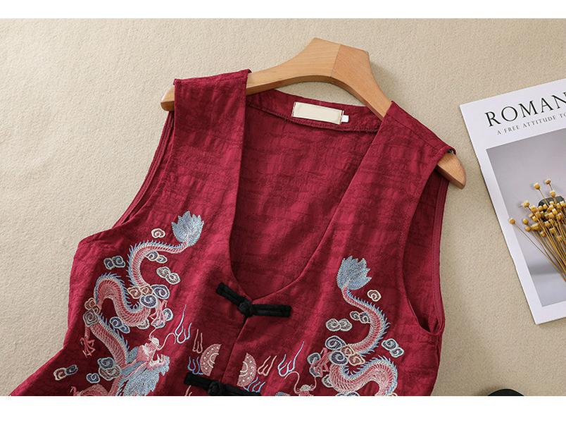 2026 Spring/Summer Retro Ethnic V-neck Embroidered Cotton Linen Sleeveless Vest for Women