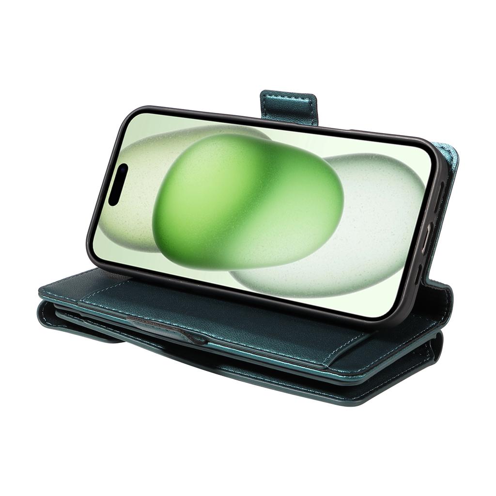 For iPhone 15 Plus Case with Multi-Card Holder and Strap PU Leather Phone Cover Stand