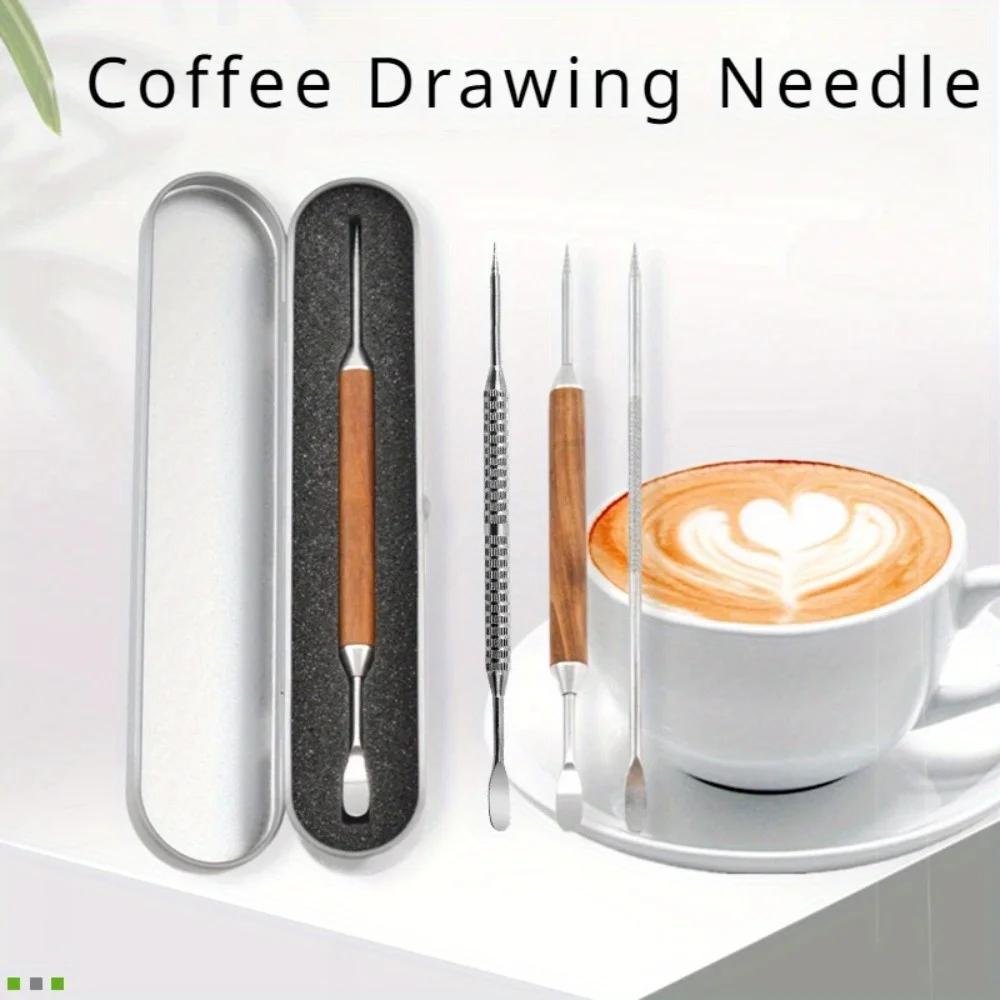 1PC Latte art Pen Coffee Needle Carved and Mounted Artifact Solid Wood Hook Needle Milk Foam Stainless Steel Drawing