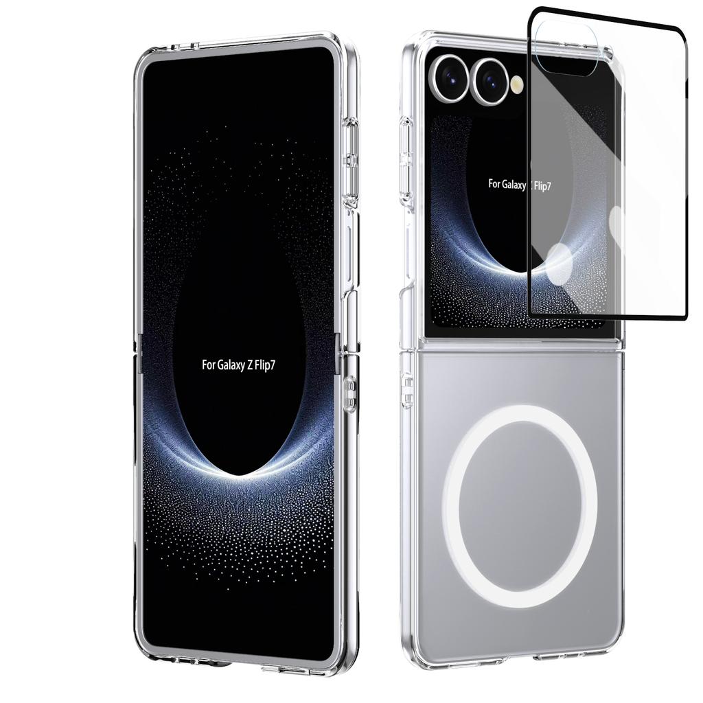 HD Transparent Magnetic Case For Samsung Galaxy Z Flip 7 6 5 4 Crystal Clear Cover With Clear Tempered Glass Screen Protector