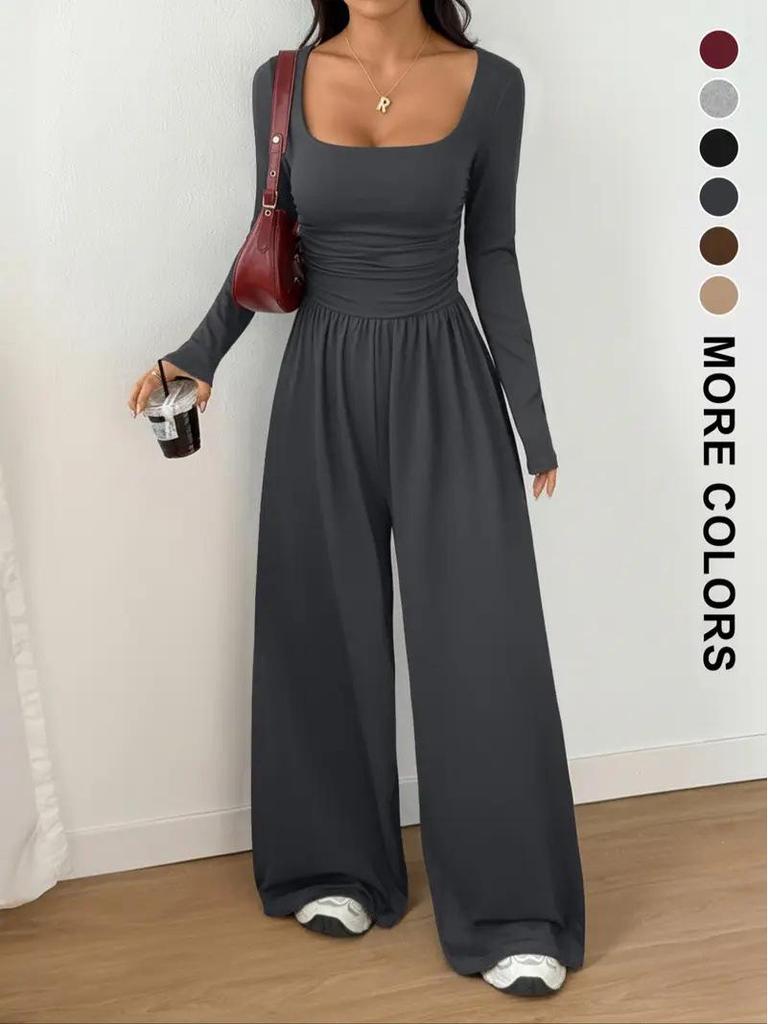 New Style Long Sleeve Women's Casual Wide Leg Solid Color Slimming Jumpsuit