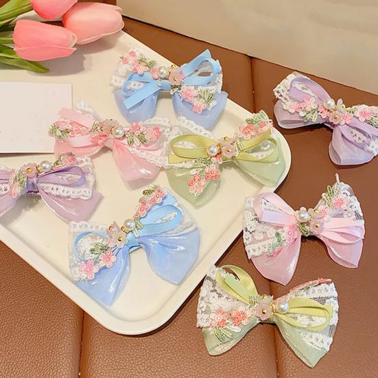 Girl Hair Pin Thin Organza Lace Embroidery Flower Lace Imitation Pearls Decor Hair Clip Spring Forest Style Hairpin