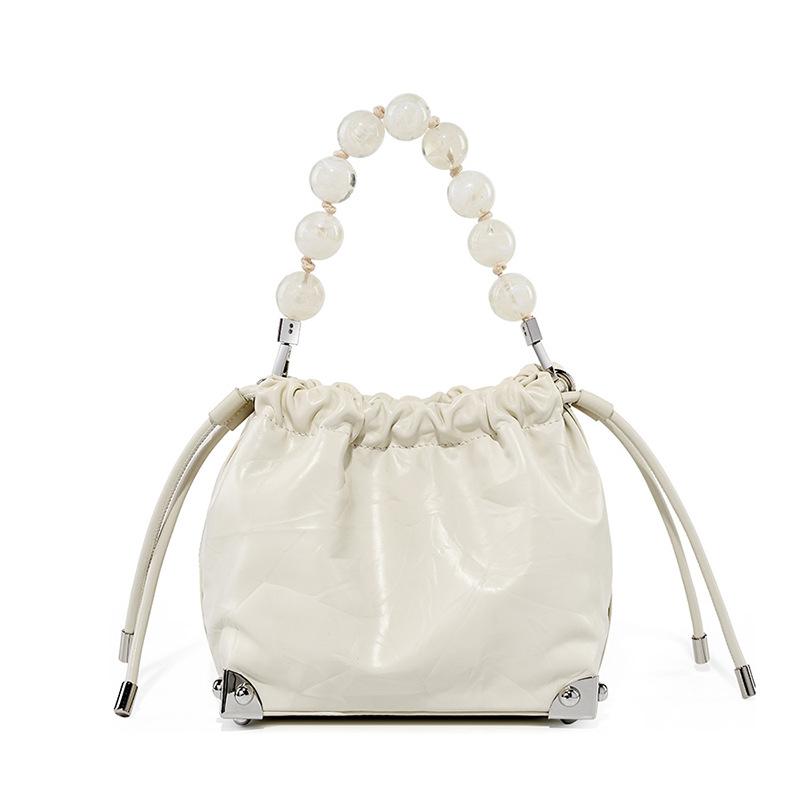 Chinese Beads and Beads On The Top Layer Cowhide Leather Hand Catching Flower Folded Lucky Bag Bag Hand Held One Shoulder Slanted Straddle Women's Bag