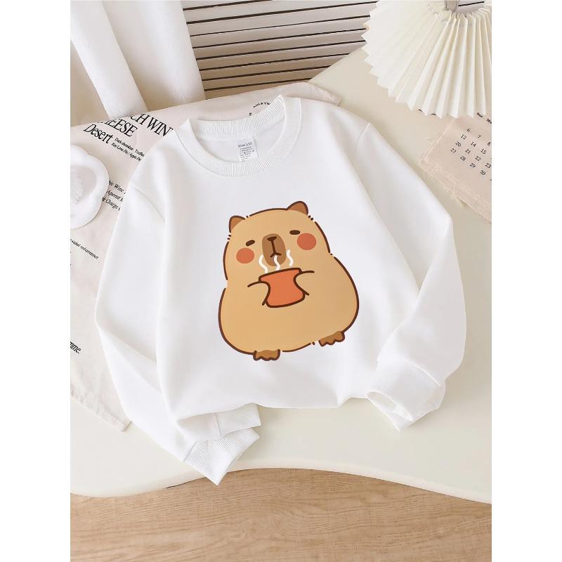 European sizes Kids' Crewneck Sweatshirt - Cute Bear Holding Warm Cup , Sportswear And Casual Wear, Soft And Comfortable, Clothing, Teenagers