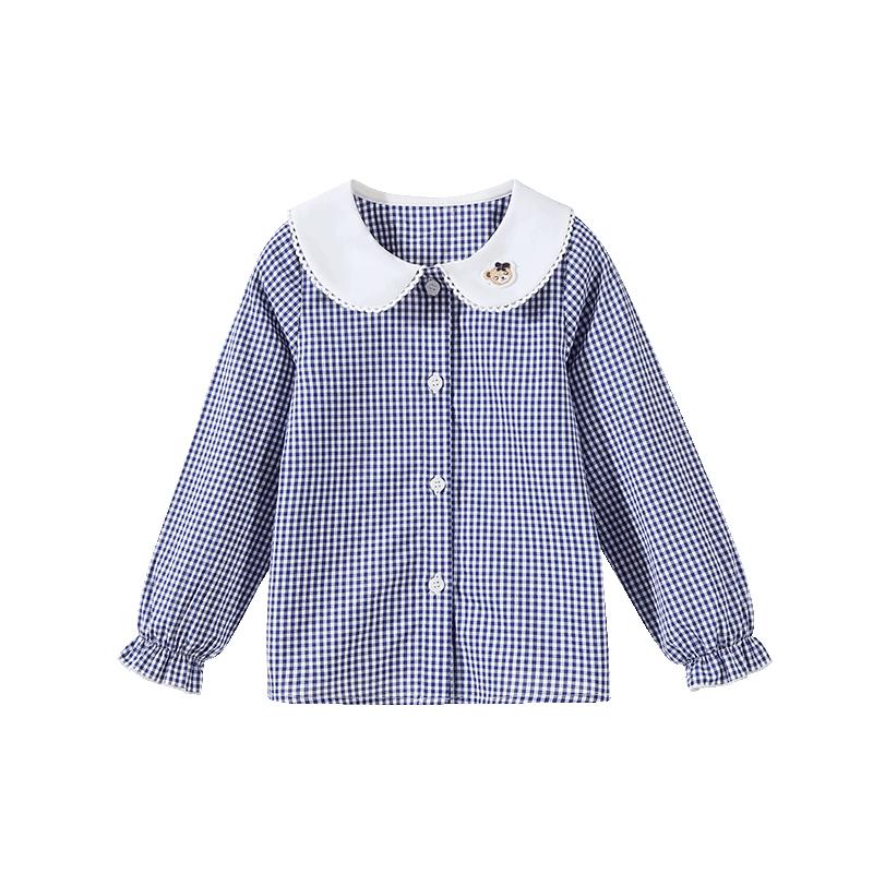 Classic Teddy Girls Peter Pan Collar Plaid Long-Sleeve Shirt 130