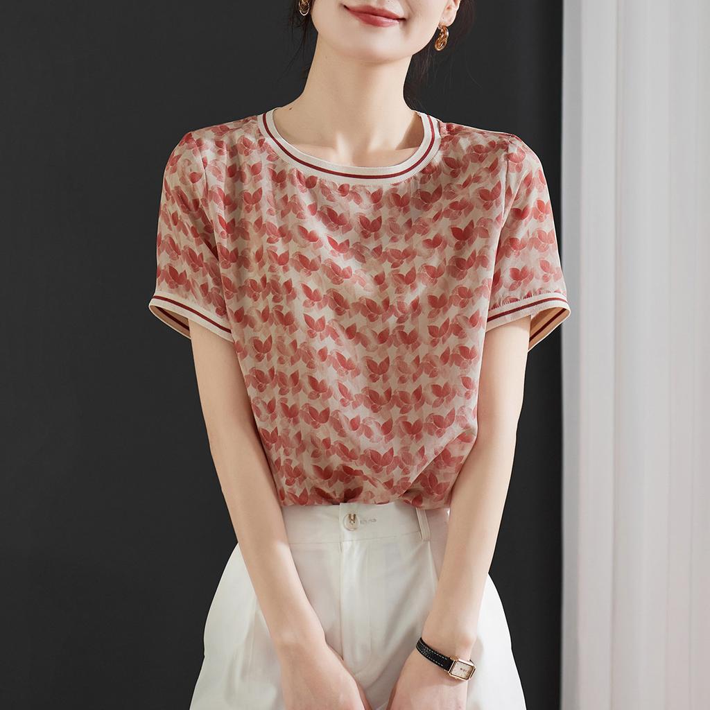 Women's 100% Mulberry Silk Printed Short-Sleeved Shirt