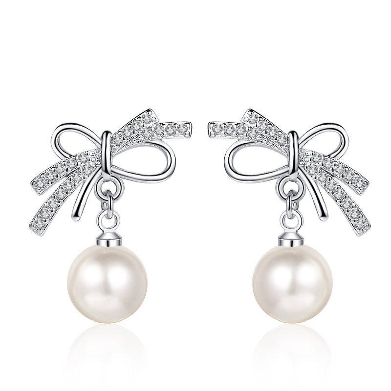 Damen Ohrringe 925 Silber Schmuck mit Perle Zirkon Edelstein Mode Schleifenknoten Form Hängeohrringe für Hochzeitsfeier Geschenk