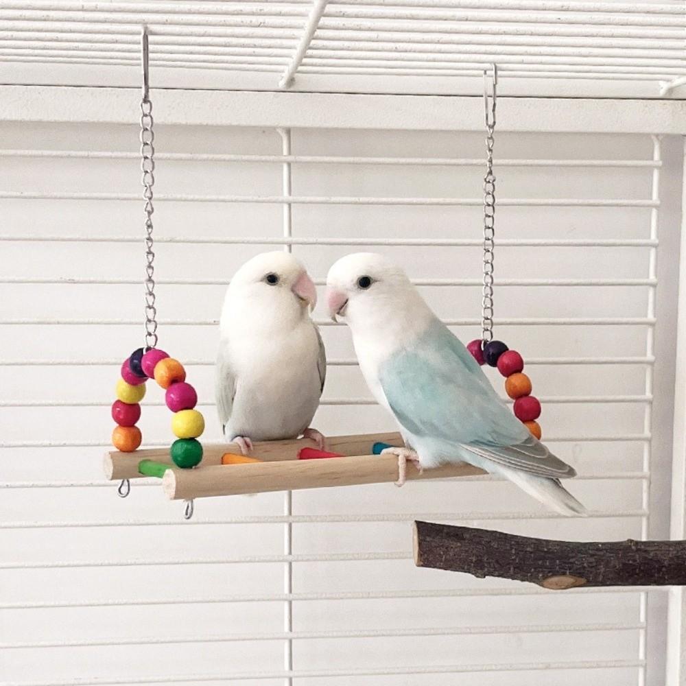 Multi Functional Bite Resistant Parrot Swing Colorful Hanging Beads Bird Wooden Bird Cage Standing Interaction