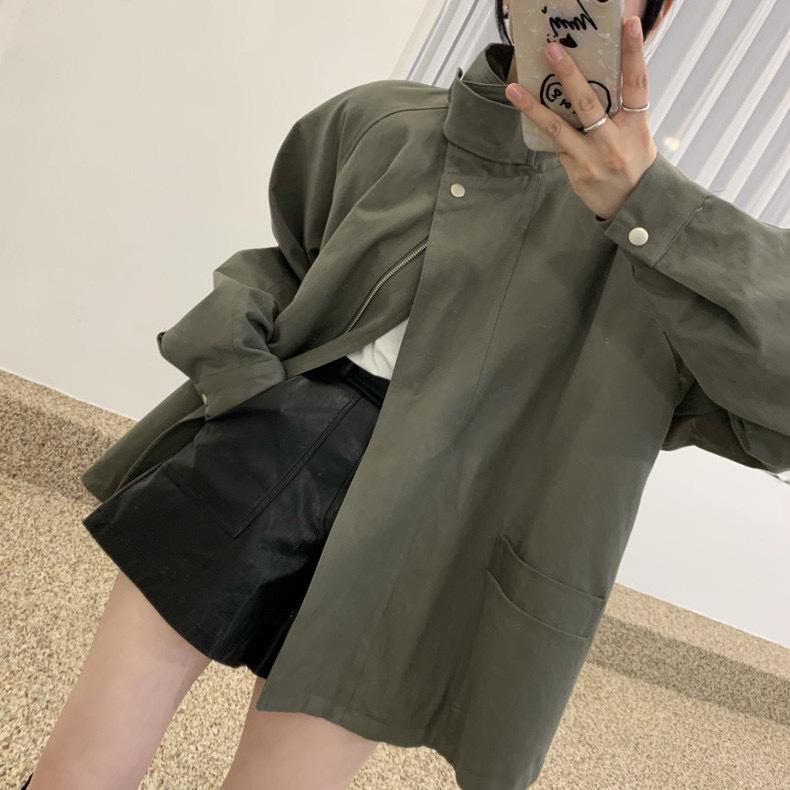 Women's Korean Autumn Retro Stand-Up Collar Cape Trench Coat with Large Pockets