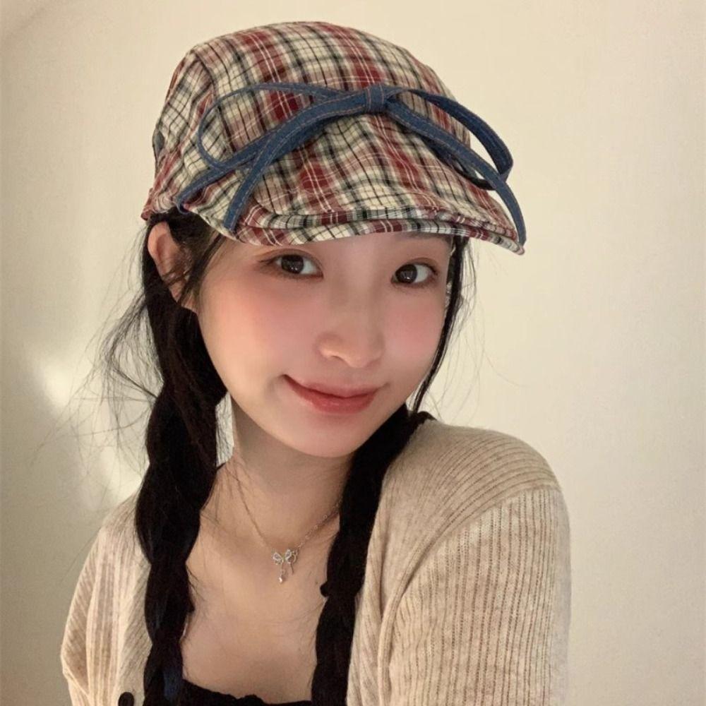 Artist Bowknot Plaid Hats Street Style Flat Visor Hat Casual Bow Newsboy Caps Girls