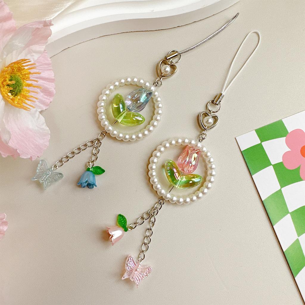 Elegant Flower Butterfly Phone Charm Beaded Keychain Acrylic Mobile Accessory Bag Pendant Keyring for Fashionable Women