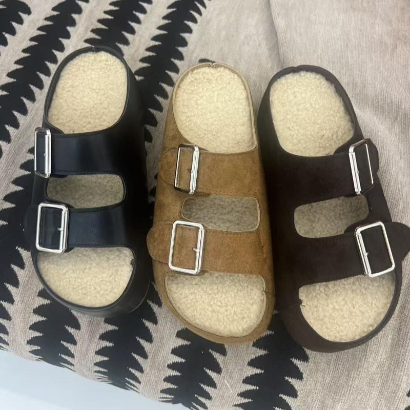 Fashion Women Fur Slippers Flats Platform Suede Shoes Casual New 2025 Trend Fashion Winter Shoes Walking Cozy Open Toe Woman Flip Flops