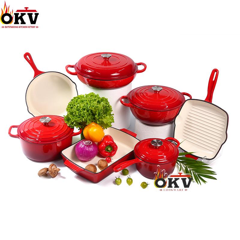 Emaljerat gjutjärn 7-delars set: Soppgryta, Mamma-gryta, Stekpanna, Non-stick-panna