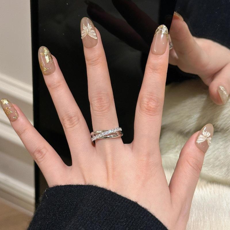 Light Luxury And Elegant Three-Circle Cross-Inlaid Diamond Ring, Two-Color Niche Design Sense, Personalized Open Index Finger Ring