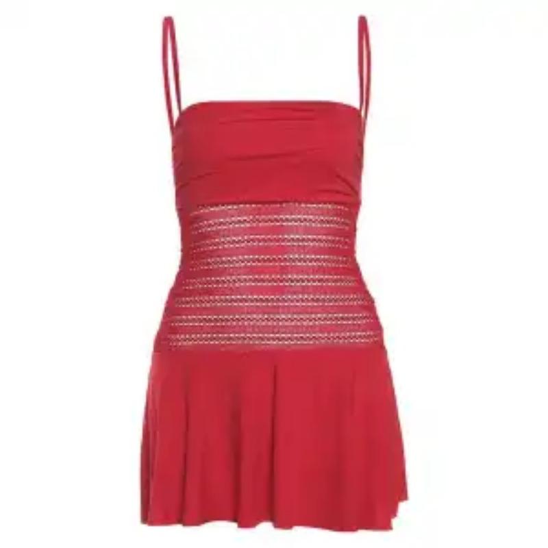 Women's Spaghetti Strap Mini Strapless Ruched Bust Lace Panel Flared Hem Party Casual Dress