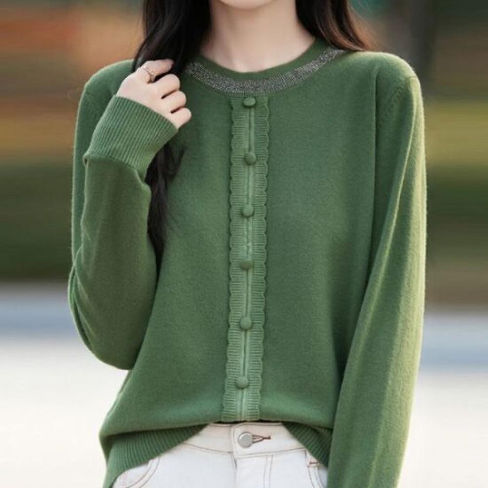 Navava Daily Button Point Round Neck Long Sleeve Knit Tee Nk3602