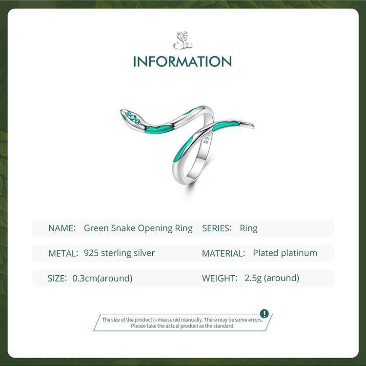 BAMOER 925 Sterling Silver Zelené smaltované zirkony Zelený had otevírací prsten pro ženy Jednoduché a módní prsteny