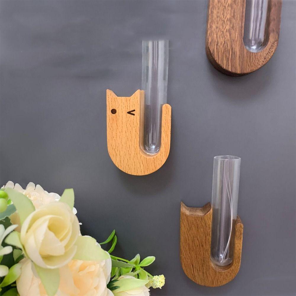 Funny Wooden Pet Cat Hair Vase Cartoon with Glass Tube Pet Hair Storage Box Magnetic Fridge Magnet Vase Fridge Decoration