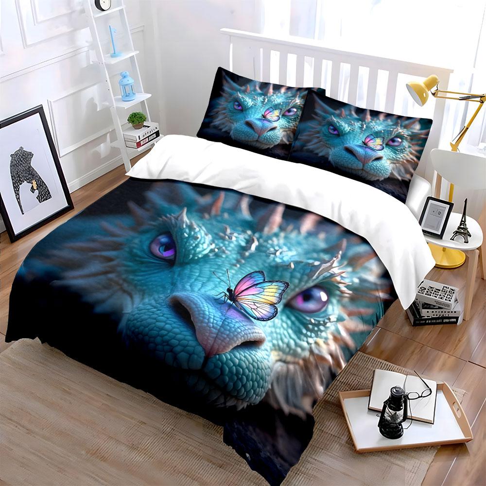 Colorful Butterfly On Blue Dragon Print Bedding Set 1 Duvet Cover 2 Pillowcases for Adult and Children Luxury Gift Full Size