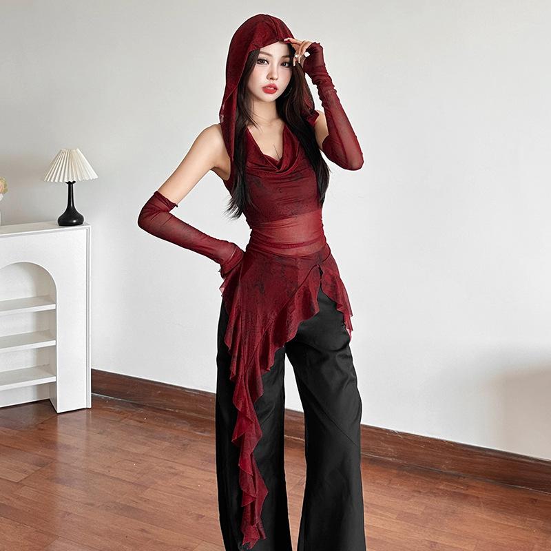 2KWEIRD Streetwear 90s Grunge Mesh See Through Hooded Tops Cyber Y2K Irregular Hem Ruffles Hoodie Women Slim Blouse with Cuffs