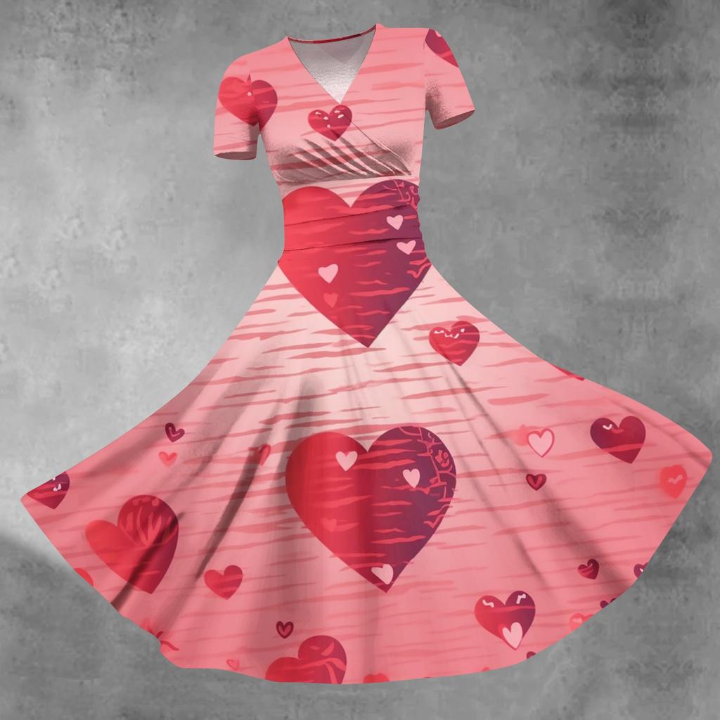 Women's Princess Dress Sexy V-neck Valentine's Day Print Waist Pull Pleated Short Sleeve Dress