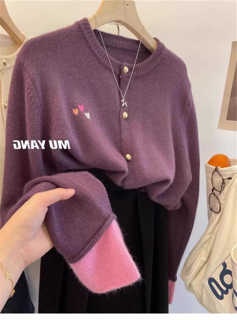 2024 Heart Embroidered Color Block Wool Cardigan: Stylish, Soft & Versatile Design
