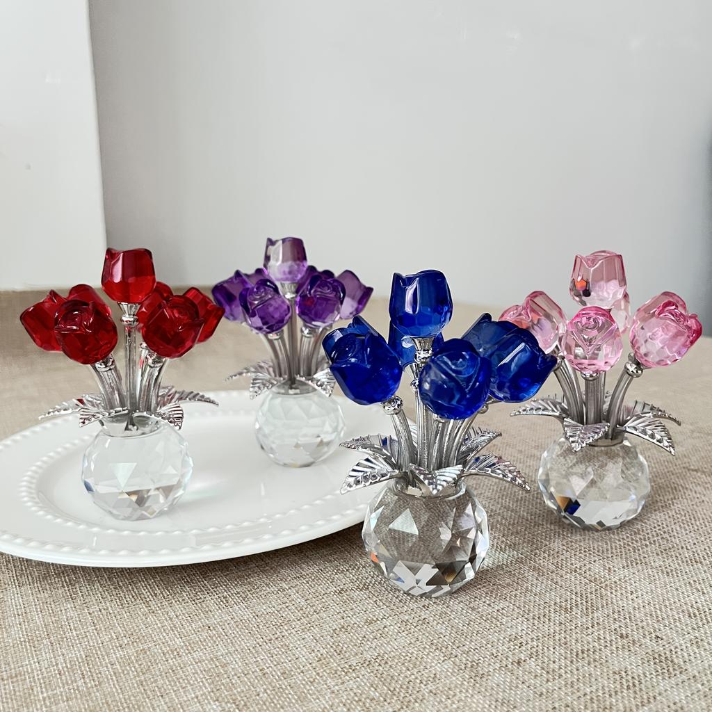 Exquisite Crystal Glass Rose Sculptures - Elegant Red, Blue & Pink Floral Decor with Sparkling Leaves, Multi-Room Home Décor for Bedroom, Kitchen..