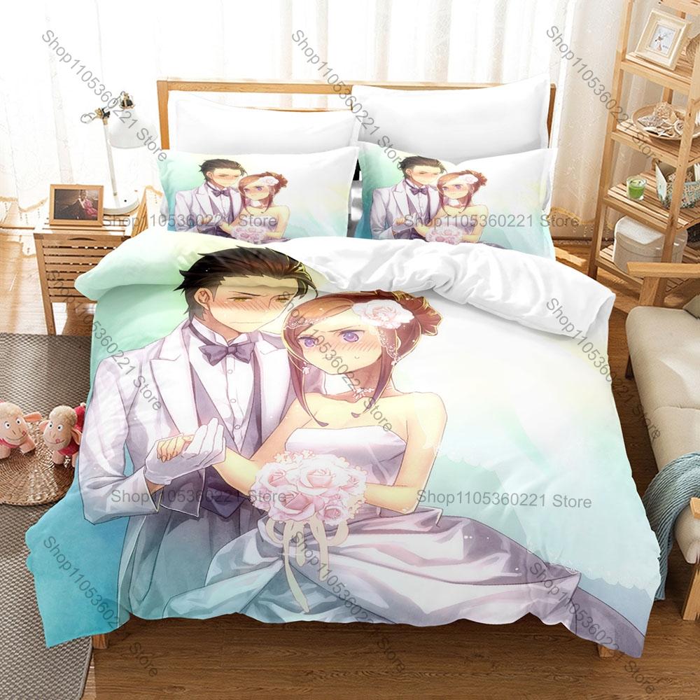 Cute Anime Wedding Couple Duvet Cover Set 1 Duvet Cover 2 Pillowcases Romantic Anime Print Home Bedding For Lovers
