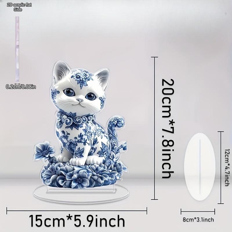 2D Blue White Porcelain Cat Ornament with Acrylic Bracket - Waterproof Multi Functional Home, Office, and Cafe Stand Ornaments