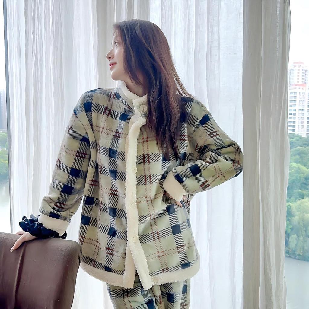 Women's Plus Size Coral Fleece Pajama Set - Plush, Thickened, Warm Lambswool for Autumn/Winter; Wearable Outdoors