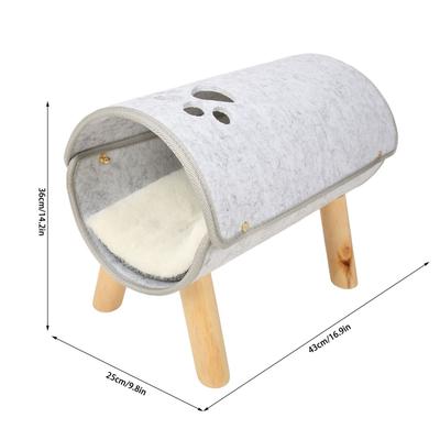 Cat Tunnel Bed with Wooden Legs Soft Comfortable Elevated Cat Tunnel Bed with Plush Cushion for All Seasons