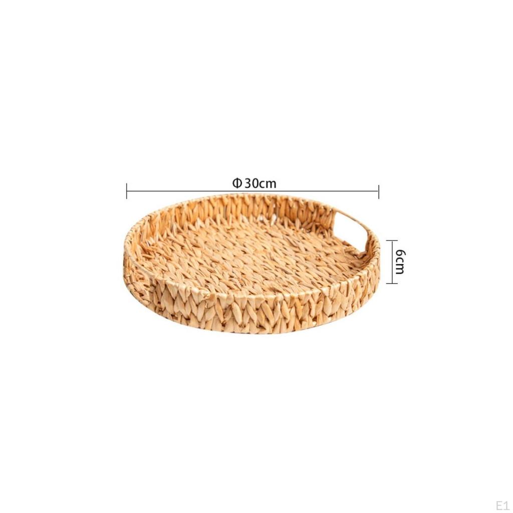 Straw Tray with Handles Woven Basket LowProfile for Coffee Table, Kitchen Counter