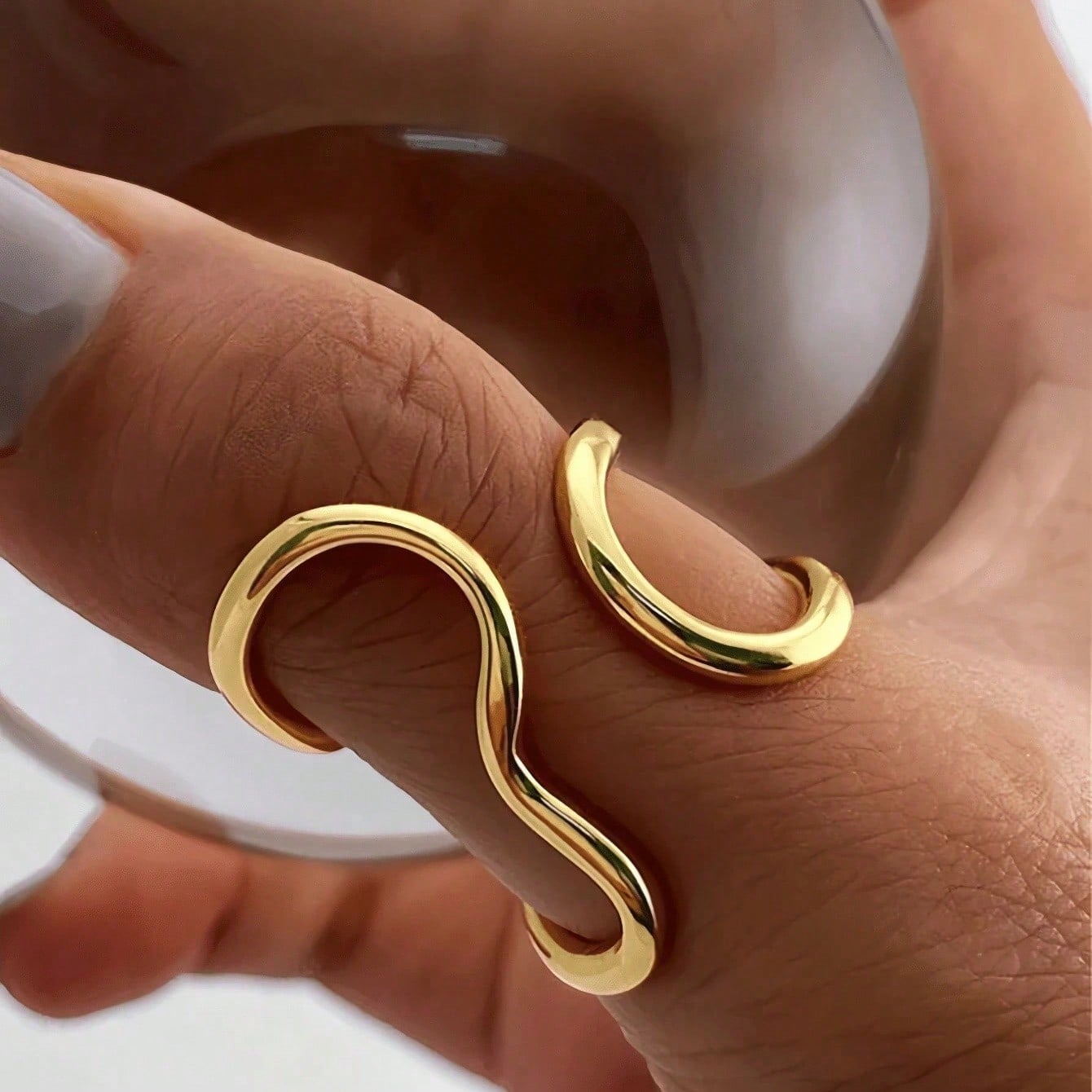 1 PC Gold Plated Irregular Line Open Stainless Steel Ring Set Light Luxury High-End золотой