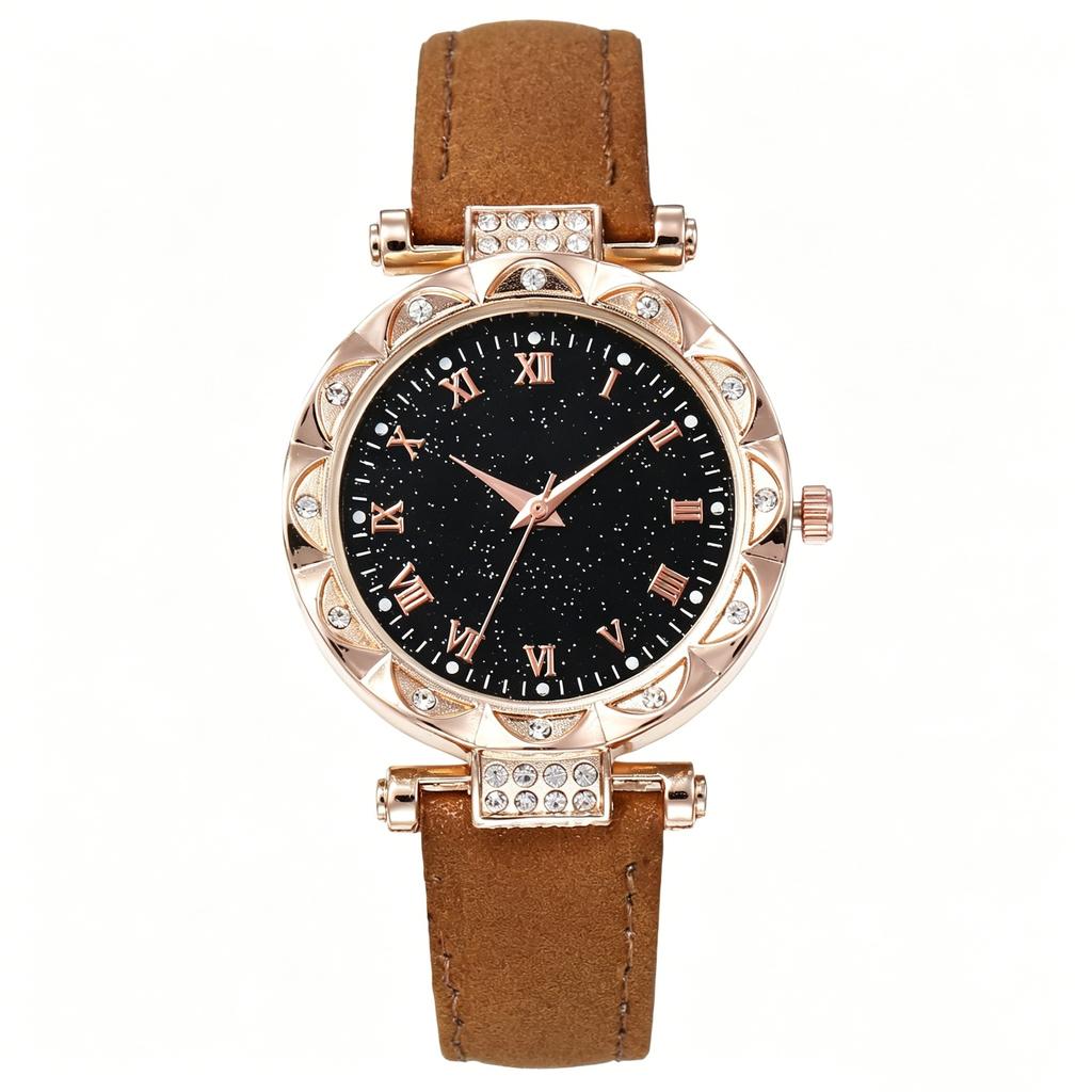 Ladies Light Luxury Diamond Starry Sky Roman Face Quartz Watch Belt Women'S Watch Fashion Roman Numeral Watch