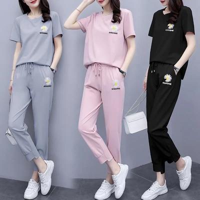 Traje Deportivo Cómodo de Verano para Mujer Camiseta de Manga Corta con Cuello Redondo + Pantalón Casual Conjunto de Dos Piezas