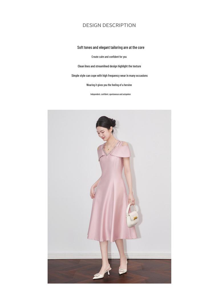 Elegant French V-Neck Off-Shoulder Summer Evening Dress - Light Luxury Studded Waist-Hugging Design