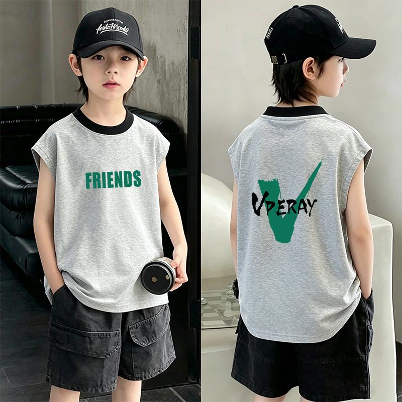 Boys' 2026 Summer Color Block Cotton Vest: Trendy Sleeveless T-shirt for Medium & Older Boys