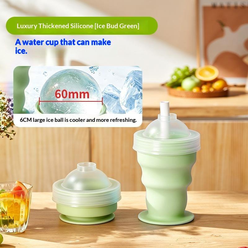 Portable Foldable Ice Ball Cup Food Grade Silicone Ice Ball Mold With Straw For Any Drink Reusable Travel Water Bottle
