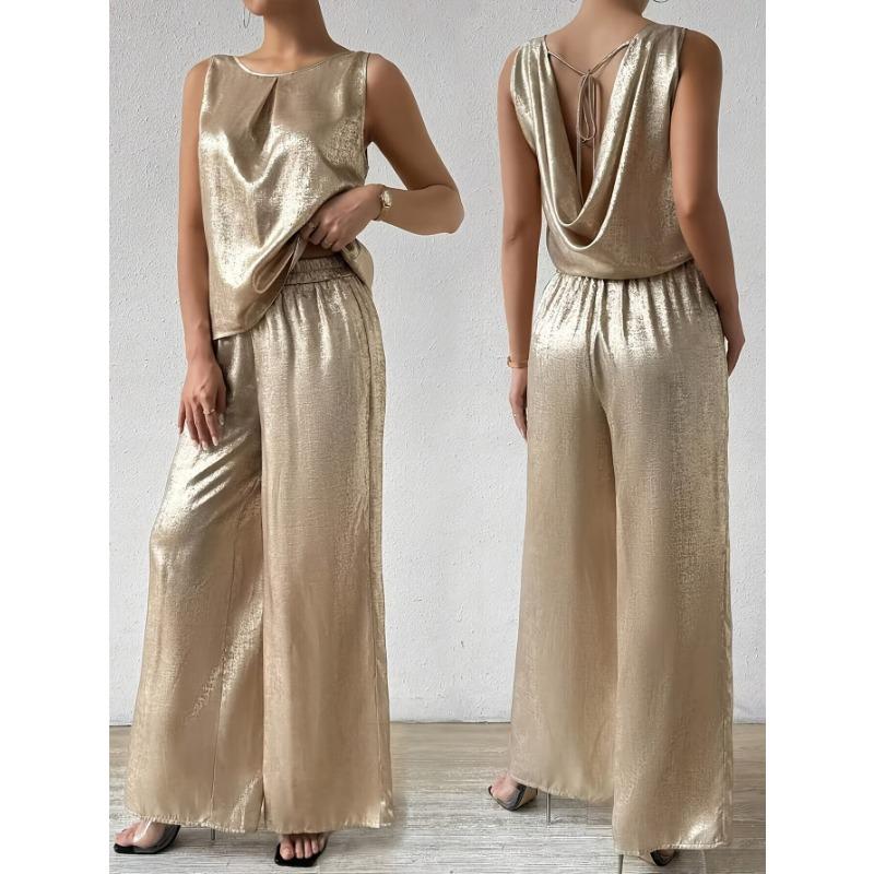 Women's Fashion Summer Sleeveless Vest Top High Waist Drop Wide Leg Trouser Suit