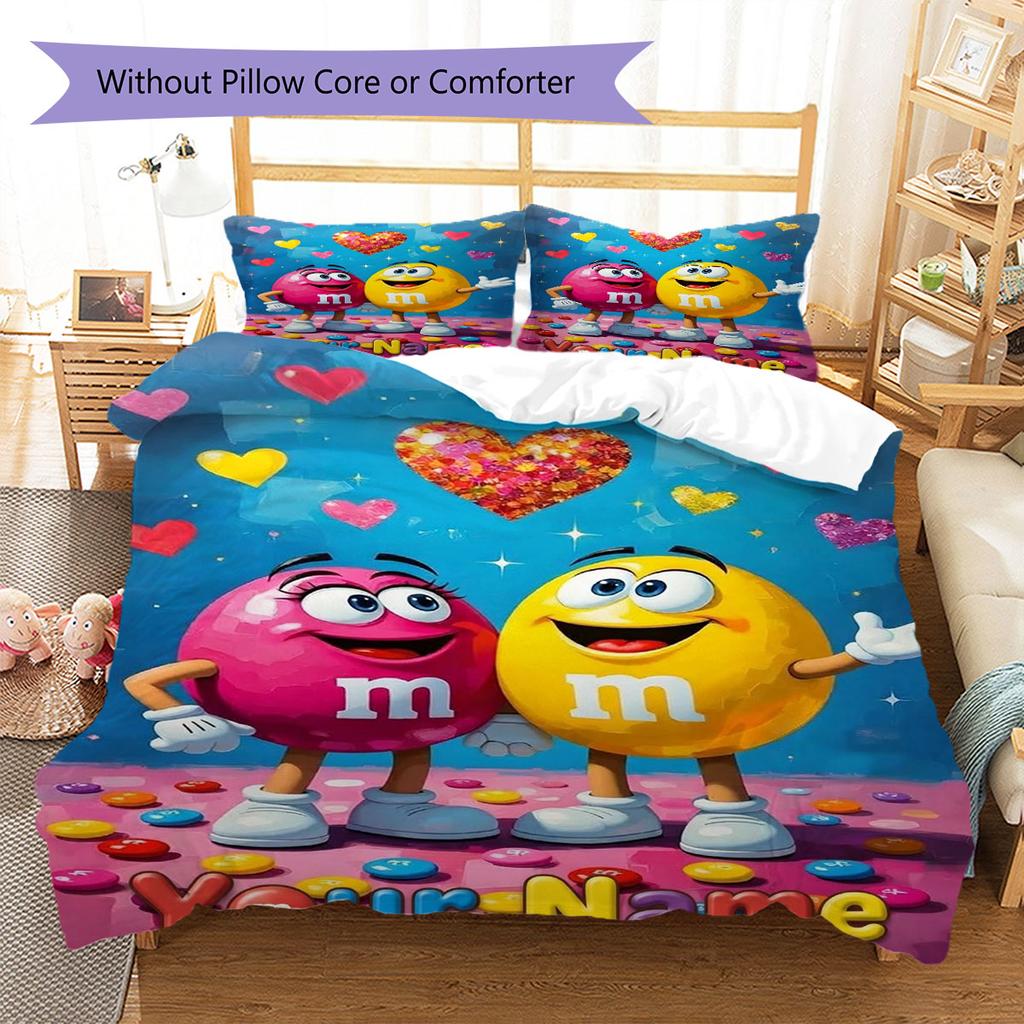 M&M's Custom Name Pattern Bedding,Quilt Set Quilt Cover Pillowcase Home Birthday Gift(1 * Duvet Cover + 2 * Pillowcase, Without Core)