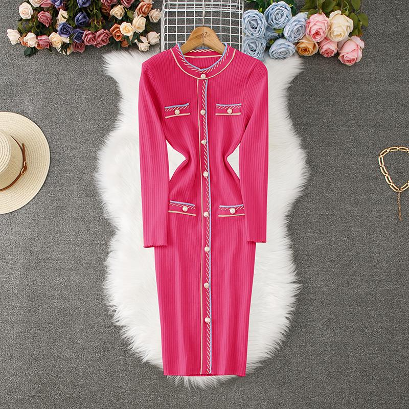 Autumn Winter Women Elegant O-neck Knitted Sweater Slim Bodycon Sheath Pullover Dresses